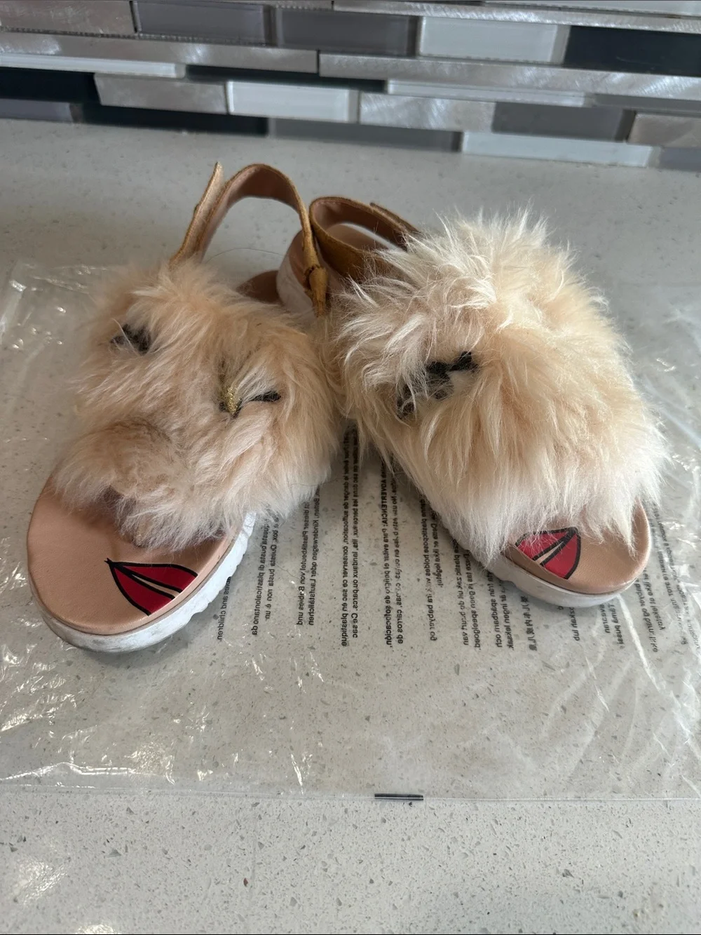UGG Kids Cream Faux Fur Strap Sandals